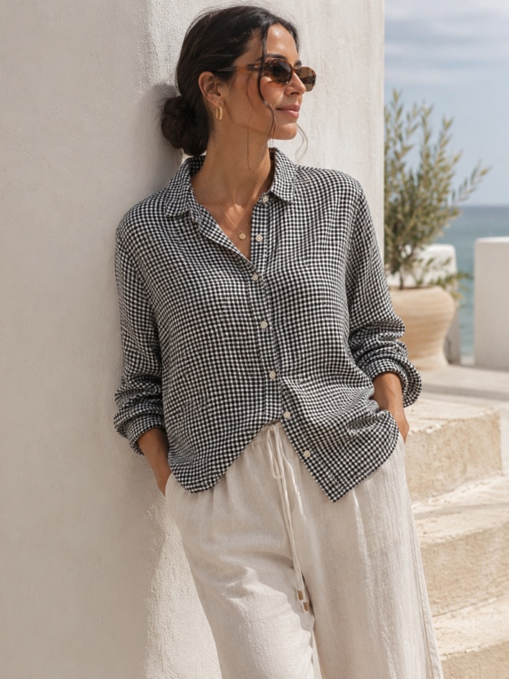 J. Jill Love Linen Gingham Button Down Shirt S Black White Coastal Lagenlook